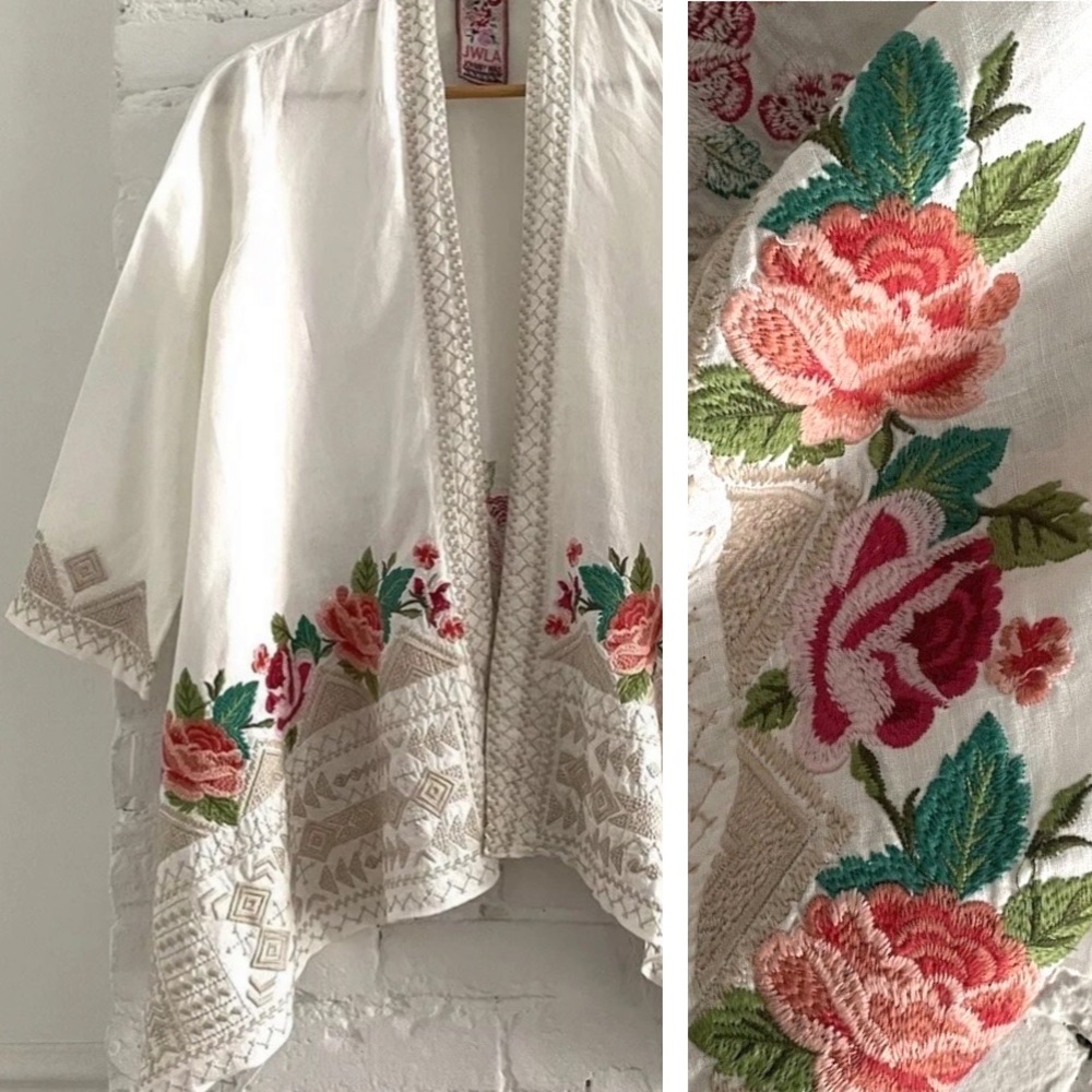 Johnny Was White Linen Floral Embroidered Blouse Duster